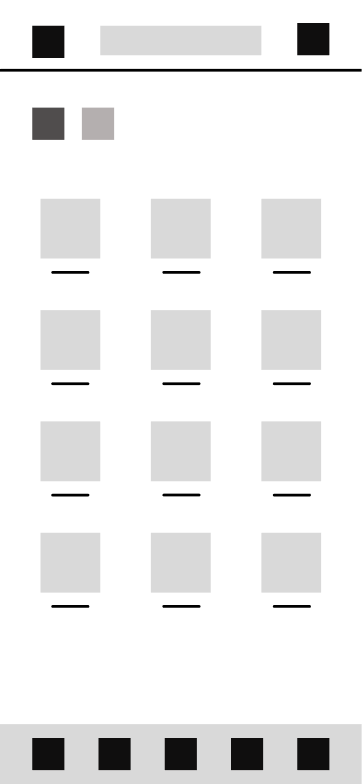 A grayscale schematic of a mobile game or app interface with buttons and sections for gameplay or content navigation.