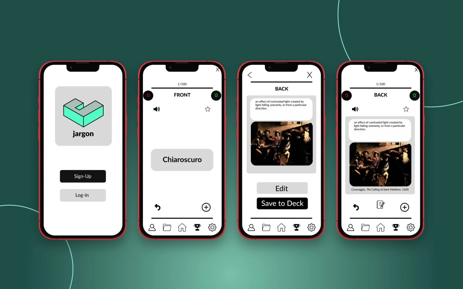 Four smartphones displaying screens of a flashcard app, with the app logo 'jargon', sign-up and login buttons, a flashcard with the word 'Chiaroscuro', and a card featuring a painting description and image.