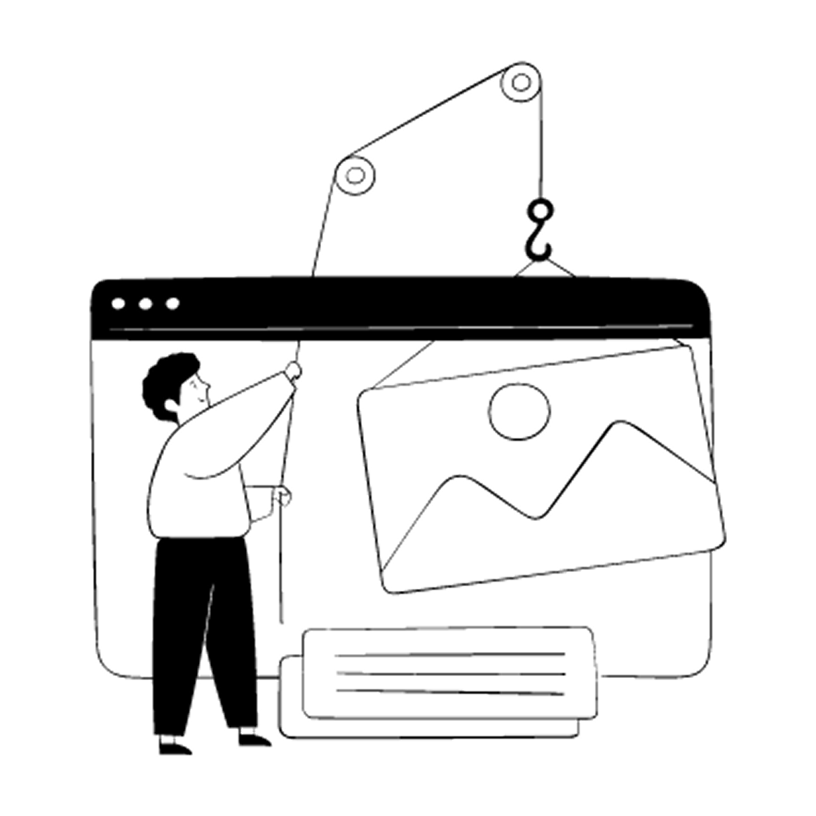 A person with a long pole in front of a large computer screen displaying an image of a landscape with a sun and mountains. The person appears to be fishing for a picture.