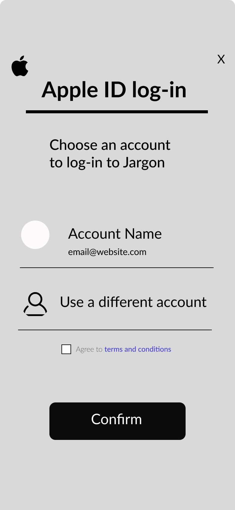 Apple ID login screen with options to choose an account, use a different account, agree to terms, and confirm.
