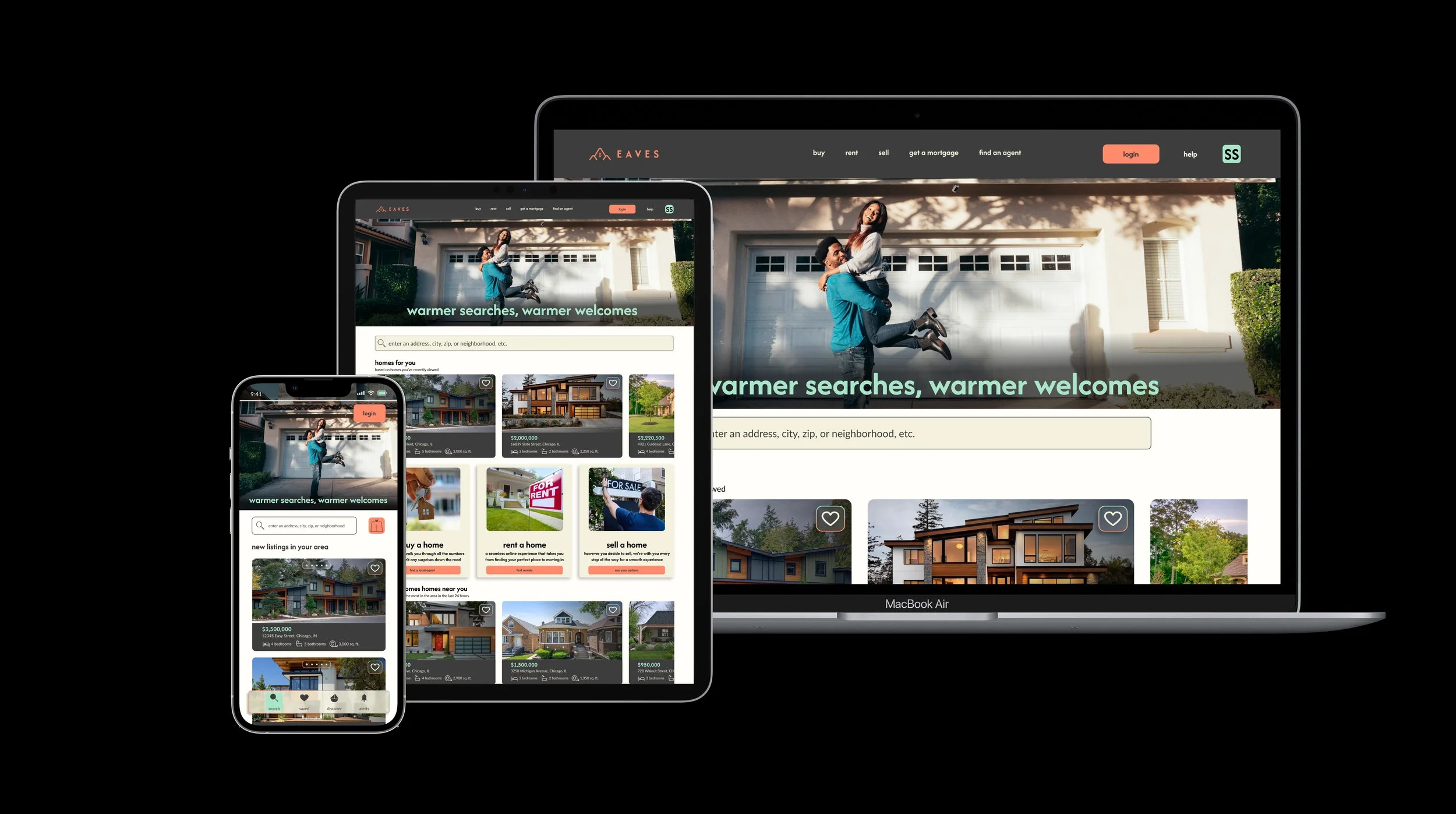 Screenshots of a real estate website displayed on a smartphone, tablet, and laptop, showcasing property listings and search features.
