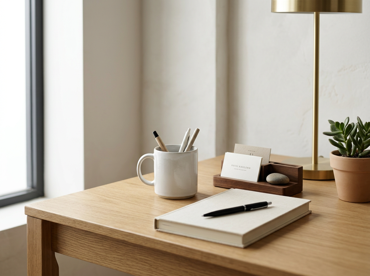 Desk with a white mug holding pens, a closed notebook with a pen on top, a wooden tray with business cards, a stone, a potted succulent, and a gold table lamp near a window.