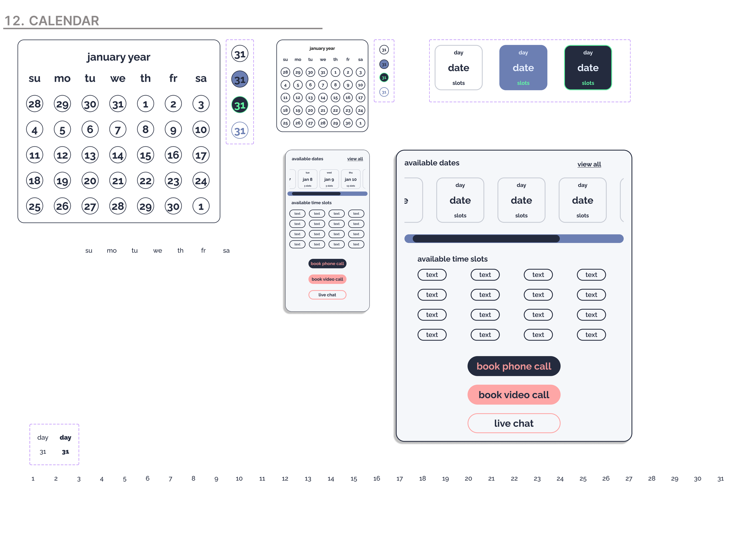 A detailed UI design mockup for a calendar and scheduling app, featuring various calendar views, date and time slot selectors, and action buttons for booking calls and live chat.