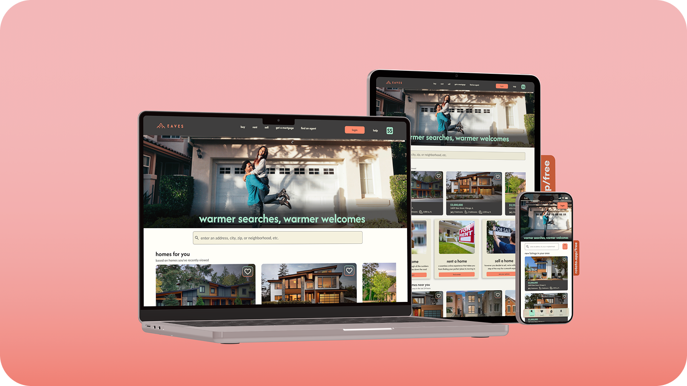 Screenshots of a real estate website displayed on a laptop, tablet, and smartphone. The site features house listings, search bar, and promotional banners, set against a pink background.