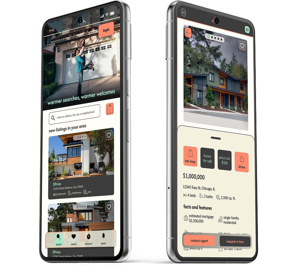 Two smartphones displaying a real estate app with house listings, images, and details.