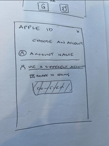 Hand-drawn sketch of a mobile app login screen with the Apple ID logo, options to choose an account, enter account name, select different account, agree to terms, and a CAPTCHA code.