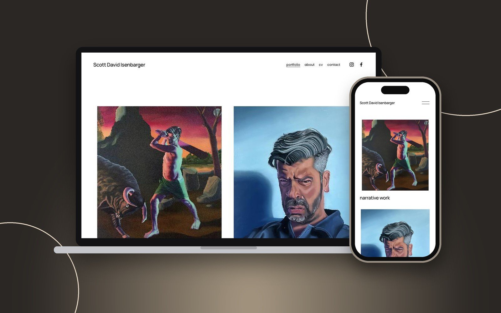 Laptop and smartphone displaying digital art of a man with stylized hair on a webpage titled 'Scott David Isenbarger', with navigation items 'portfolio', 'about', 'cv', 'contact', and social media icons.