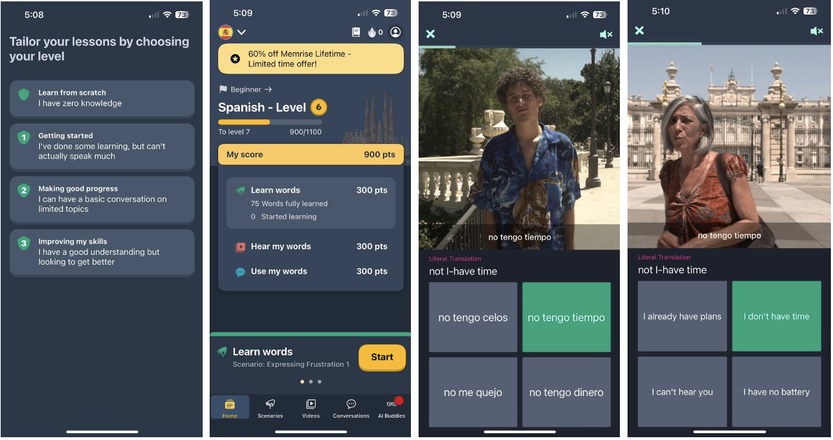 Screenshots of a language learning app demonstrating lesson levels, vocabulary exercises, and translations for the phrase 'no tengo tiempo' in Spanish.