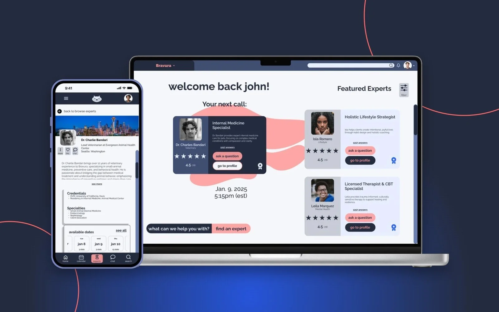 A computer and smartphone screen showing a telehealth or medical consultation app with profiles of veterinary and mental health experts, appointment details, and options to ask questions or view profiles.