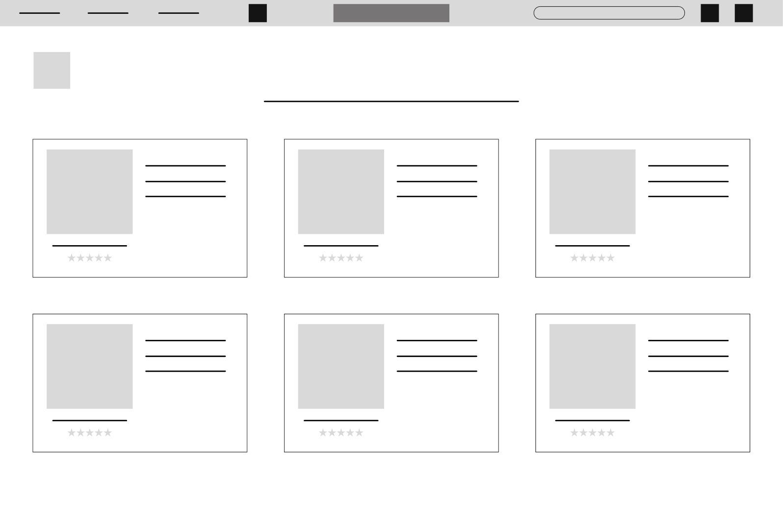 A grayscale website wireframe layout with six rectangular sections, each representing a product card with a placeholder for an image, text lines for product details, a star rating below, and a header with a search bar at the top.