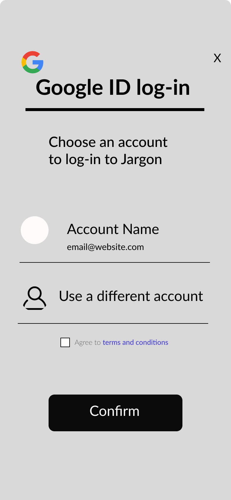 Google ID login screen with options to sign in with an account or use a different account, a checkbox for agreeing to terms and conditions, and a confirm button.
