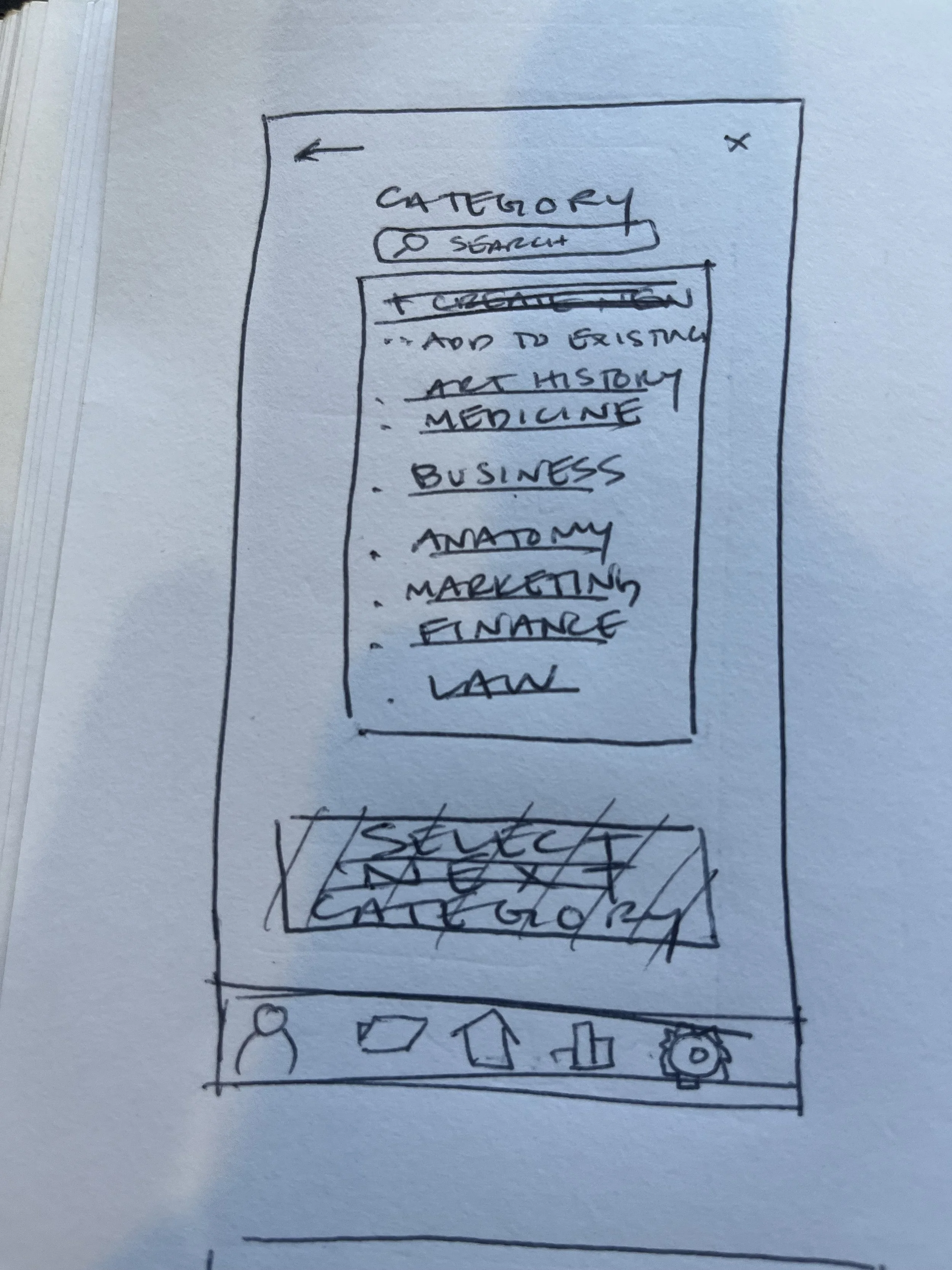 Hand-drawn sketch of an app interface with a list of categories, a search bar, and icons at the bottom for profile, messages, upload, settings, and notifications.