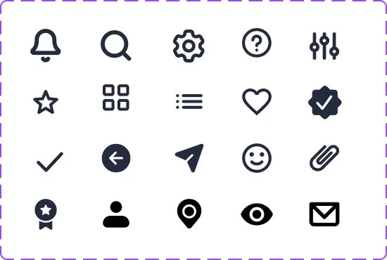 A grid of black icons on a white background, including a bell, magnifying glass, gear, question mark, sliders, star, grid of squares, list, heart, checkmark, checkmark in a circle, arrow pointing left, paper plane, smiley face, paperclip, ribbon with star, user silhouette, location pin, eye, and envelope.