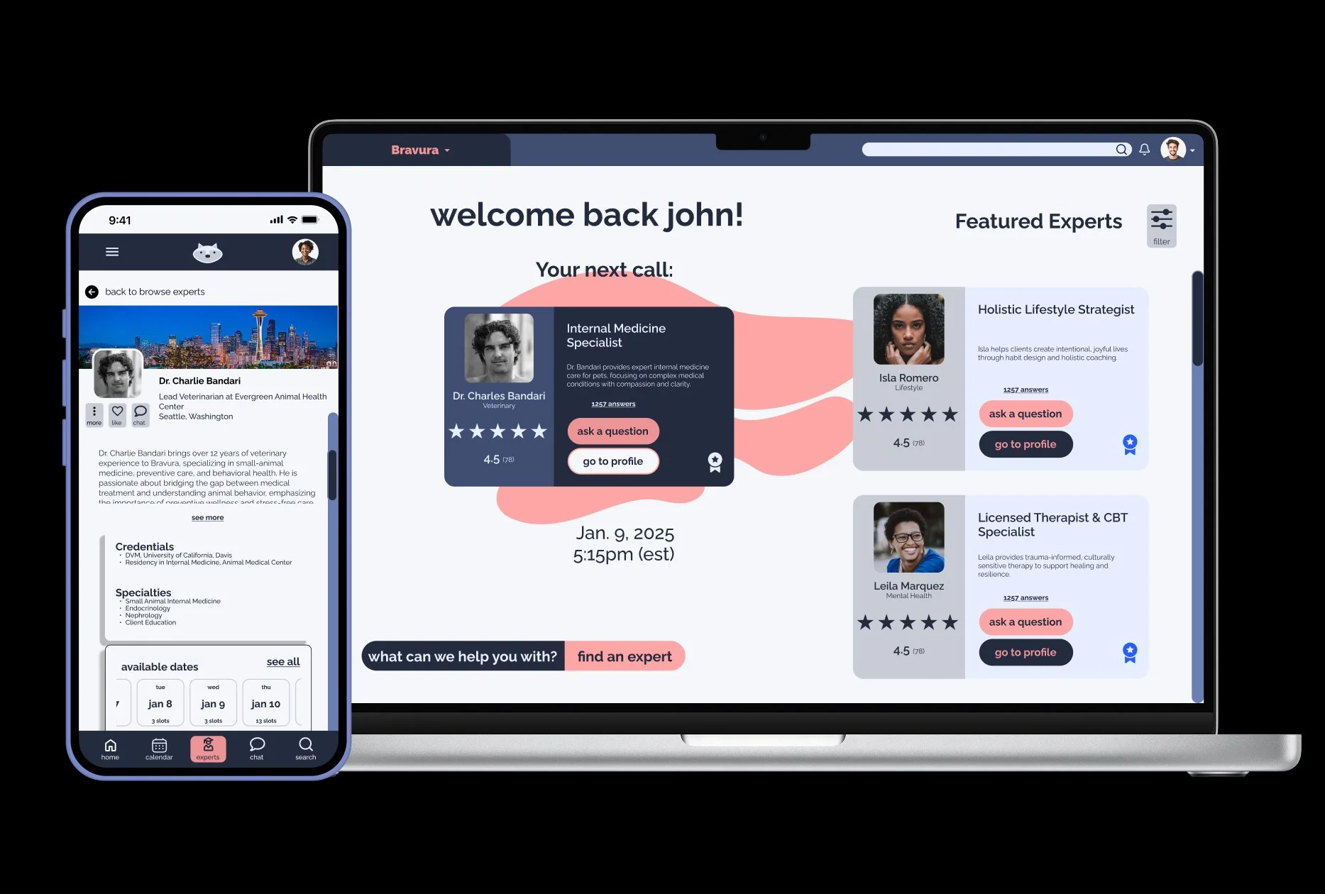 A laptop and smartphone displaying a telehealth application interface with profiles of medical professionals, including a veterinary specialist and mental health therapists, with options to ask questions or view profiles.