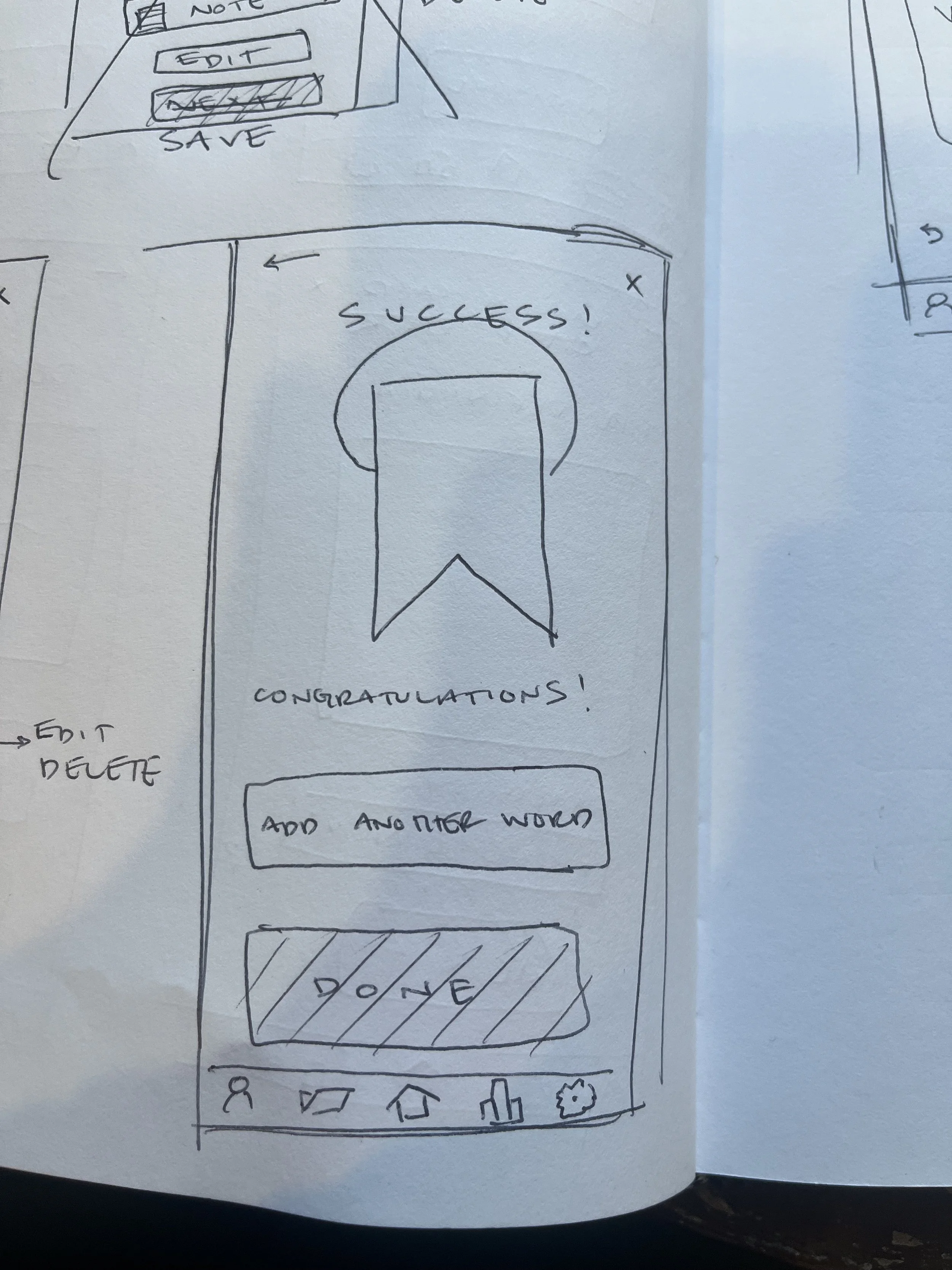 Sketch of a mobile app interface with a success message, a bookmark icon, a congratulatory message, a button labeled 'Add Another Word,' a progress bar, and a navigation menu with icons at the bottom.