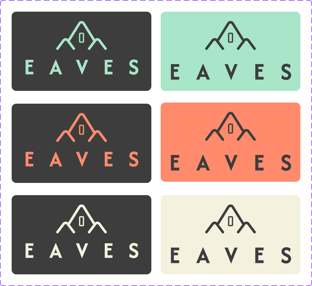 A grid of six colorful logos for Eaves, each featuring a mountain outline and the word EAVES below.