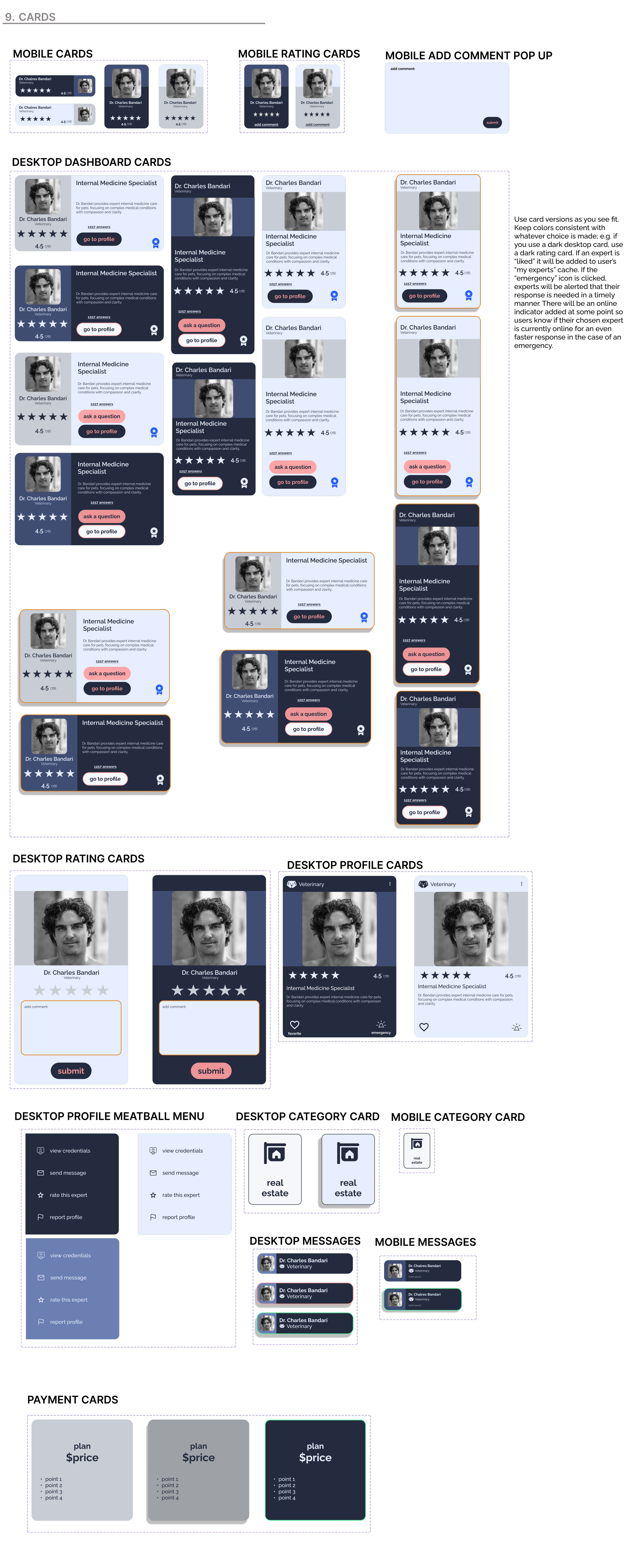 A detailed digital collage or wireframe of a medical professional's profile interface. It includes profile cards of Dr. Charles Bandari, ratings, options to ask questions or view profiles, and sections for reviews, credentials, and booking options. The layout features multiple overlapping interface elements and icons related to healthcare profiles and user interactions.