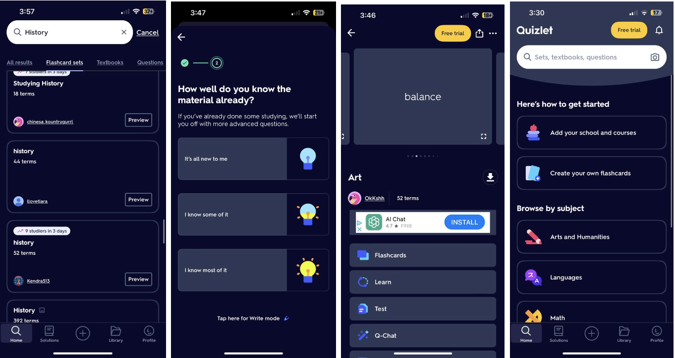Screenshots of a mobile app interface for Quizlet, showing features for studying history and art, including flashcard sets, different study modes, and options to add school and courses, create flashcards, browse by subject, and select study options.