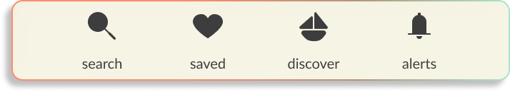 Icons of a magnifying glass, heart, sailboat, and bell representing search, saved, discover, and alerts features.