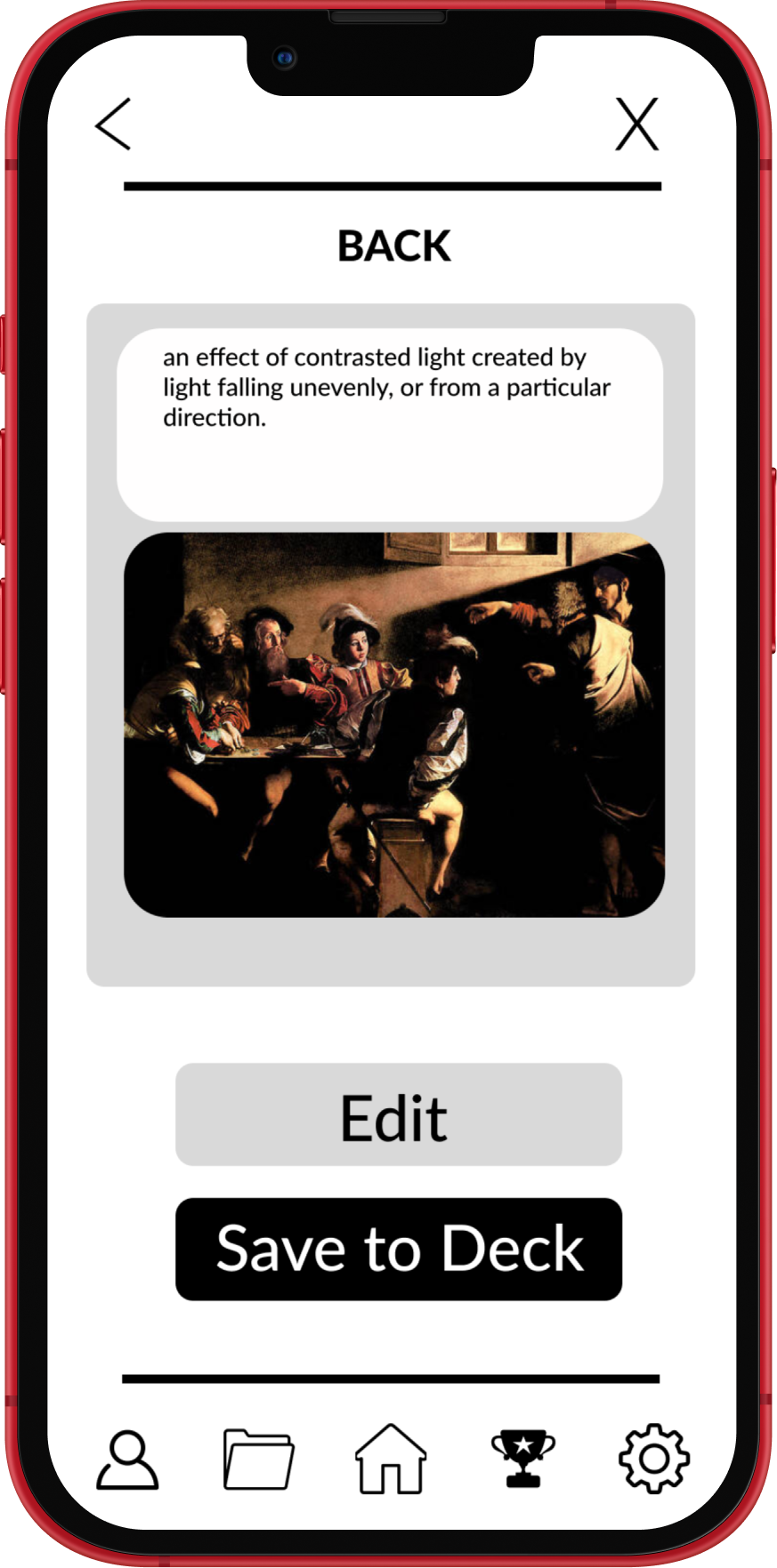 A digital flashcard app displaying a card with a painting of a night scene, possibly 'The Cardshark' by Caravaggio, illustrating chiaroscuro lighting and a group of people around a table.