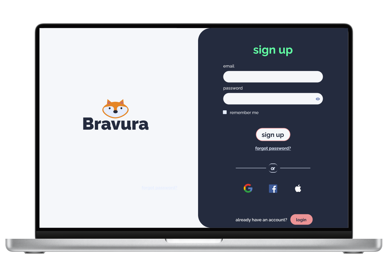 Laptop screen displaying a sign-up page with a cartoon fox logo, text fields for email and password, and options to sign up with Google, Facebook, or Apple.