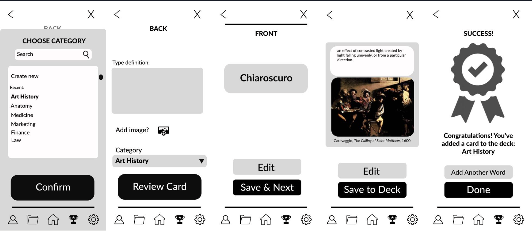 Mobile app screens showing a flashcard creation process: selecting a category, editing a card with the term "Chiaroscuro," reviewing a painting by Caravaggio titled "The Calling of Saint Matthew," and a success screen indicating the card has been added to the Art History deck.