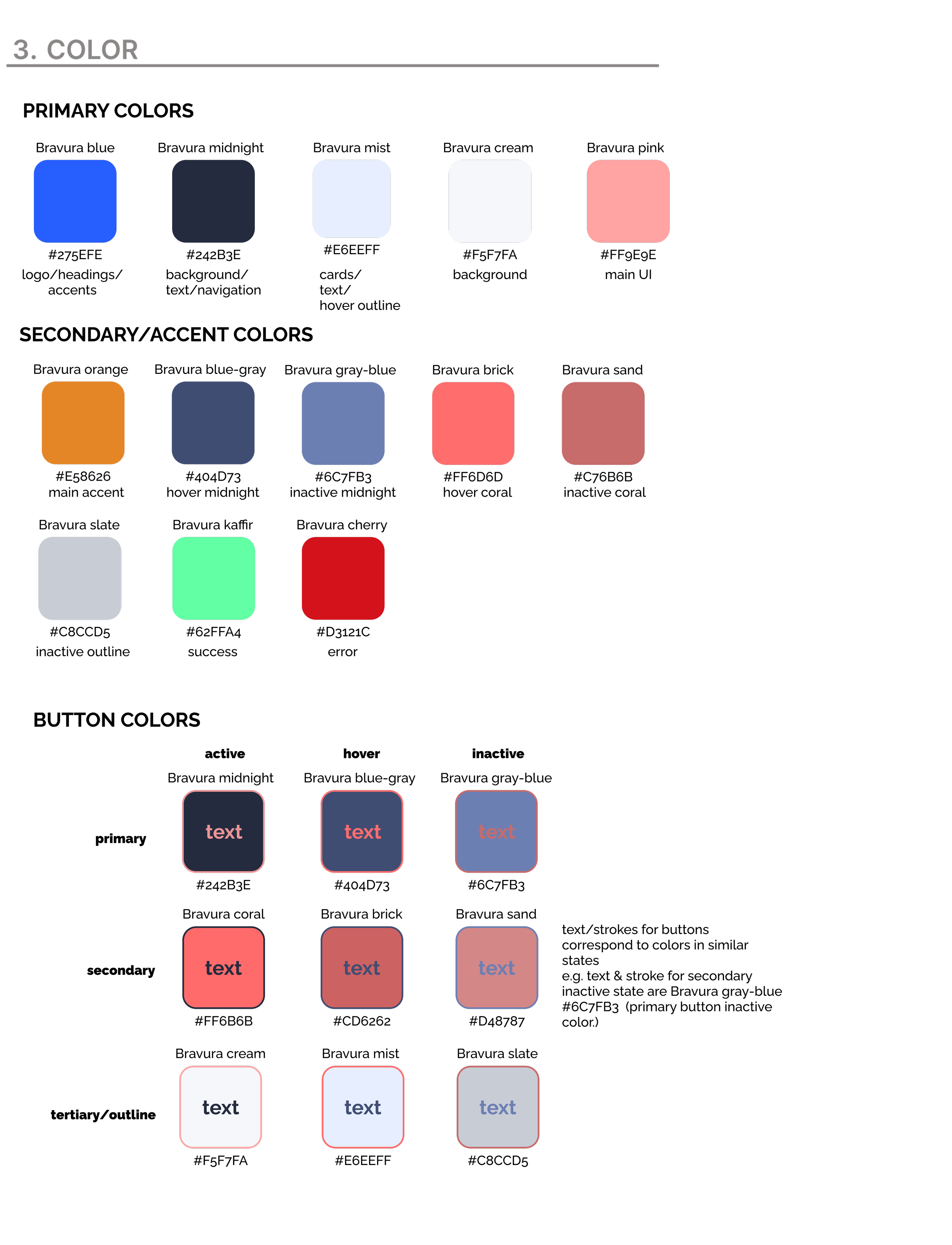 A color chart showcasing various colors divided into sections with labels and sample squares. The top section features blue, dark gray, light gray, white, and pink shades. The middle section presents orange, dark blue, light blue, pink, and brown shades. The bottom section displays white, mint green, red, light gray, blue, and brown shades, with sample squares labeled 'text' in different colors.
