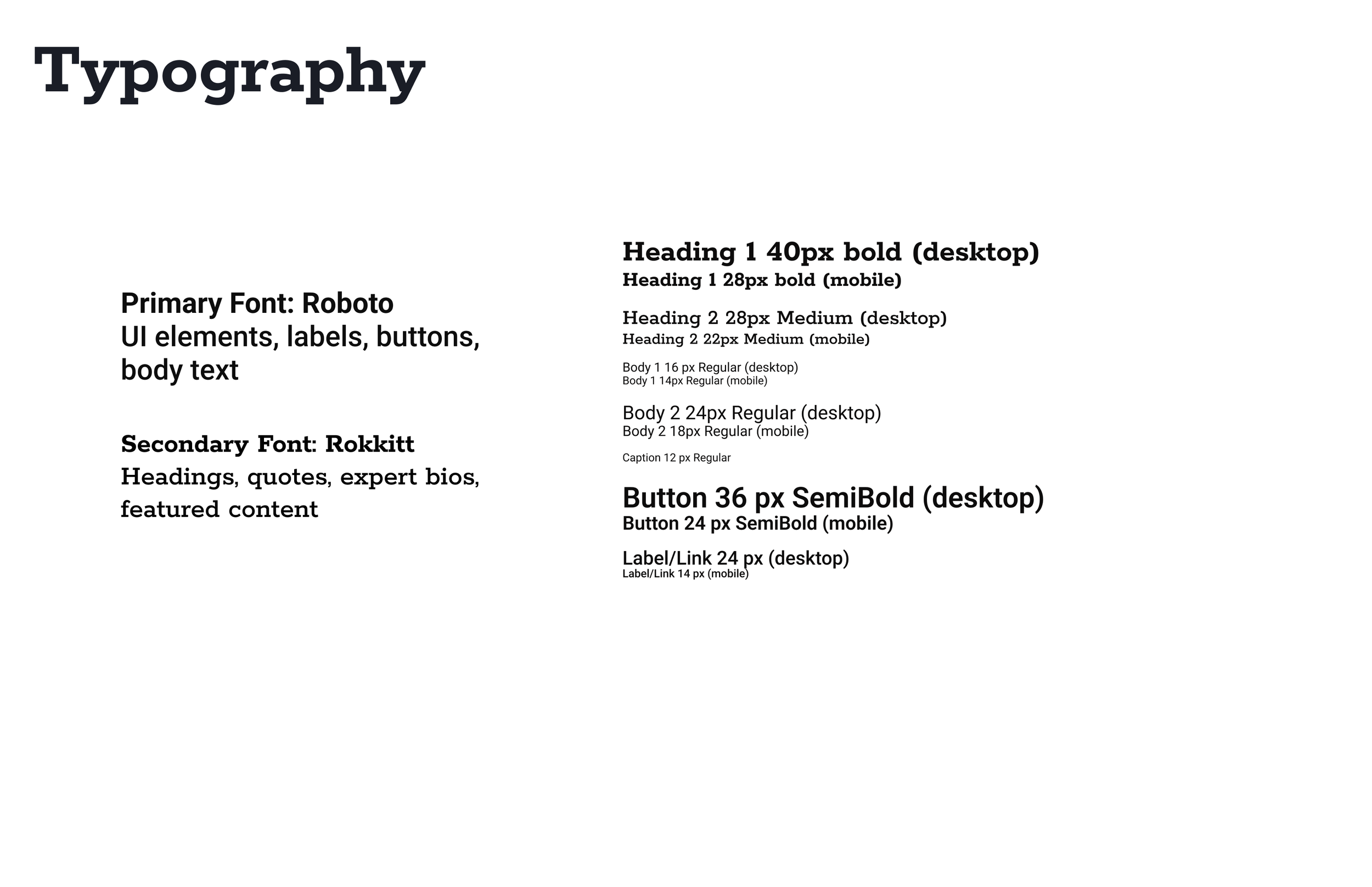 A typography guide with various font sizes, weights, and styles explained, including primary and secondary font details, and examples of headings, body text, buttons, and labels for desktop and mobile.