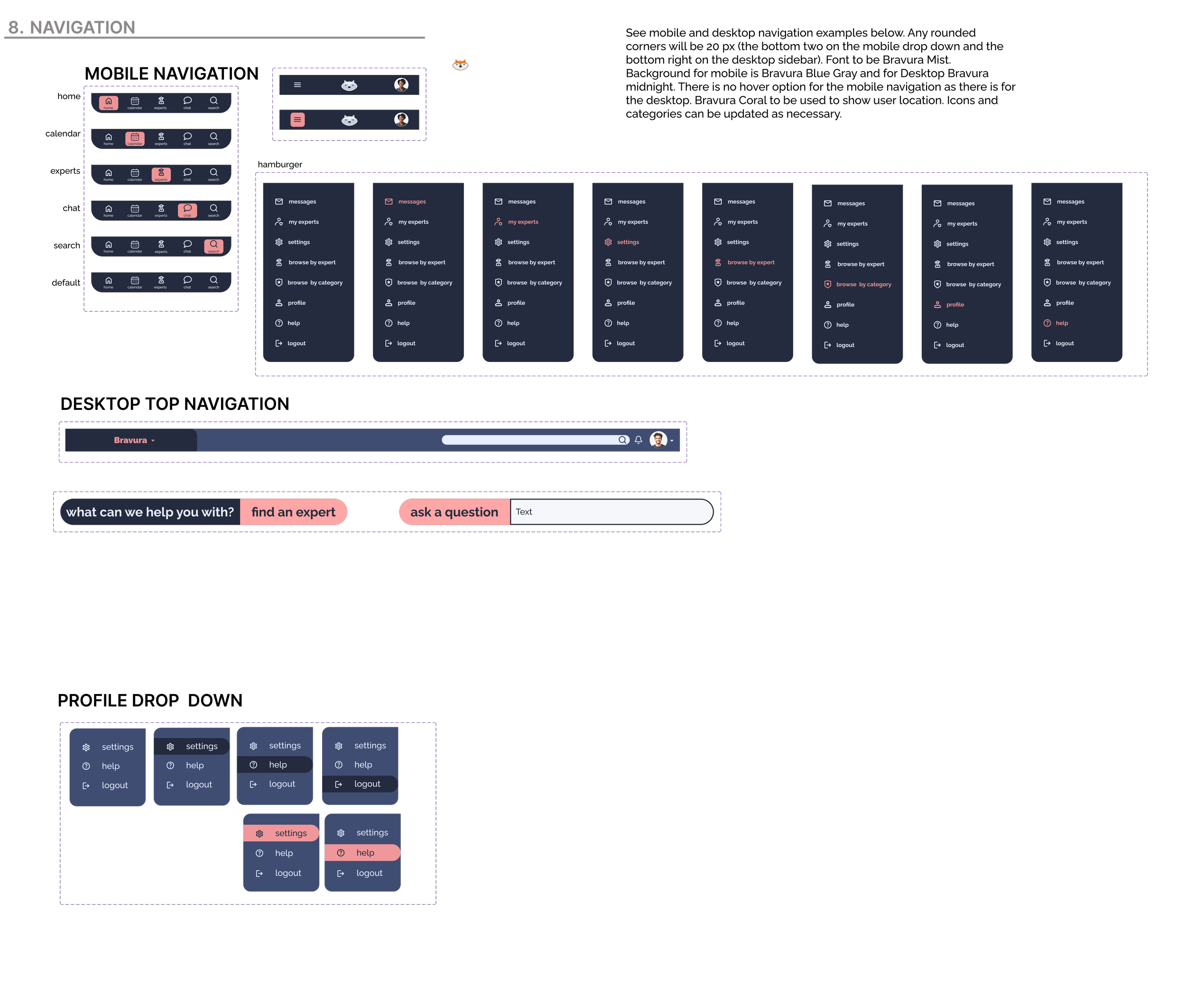 Wireframe of a user interface design showing navigation menus, search bar, and chat options for a mobile app or website with a dark theme and pink accent color.