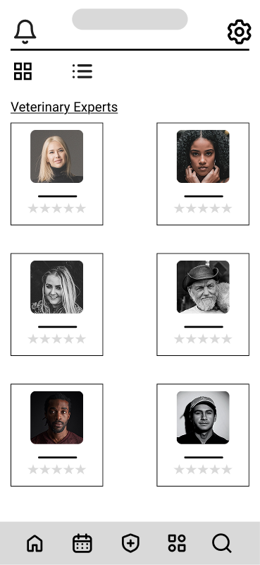 Mobile app screen showing a list of veterinary expert profiles with photos and ratings.