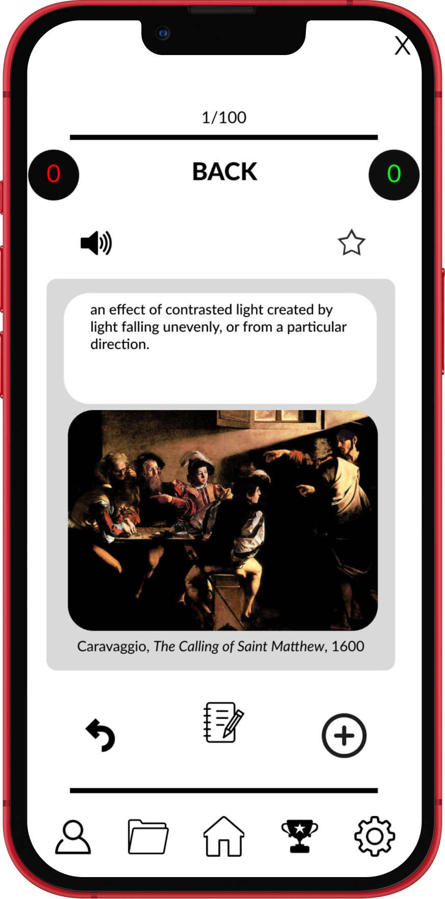 A mobile app display showing a flashcard with a definition: "an effect of contrasted light created by light falling unevenly, or from a particular direction." The card features a painting titled "The Calling of Saint Matthew" by Caravaggio from 1600, depicting a biblical scene with a group of men. The app's interface includes navigation icons at the bottom, a back button, and other controls.
