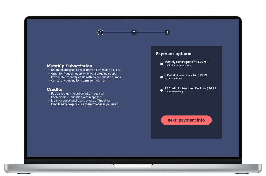 A laptop screen displays a subscription service sign-up page with options for monthly subscription and credits, and a prominent red button labeled 'next: payment info'.