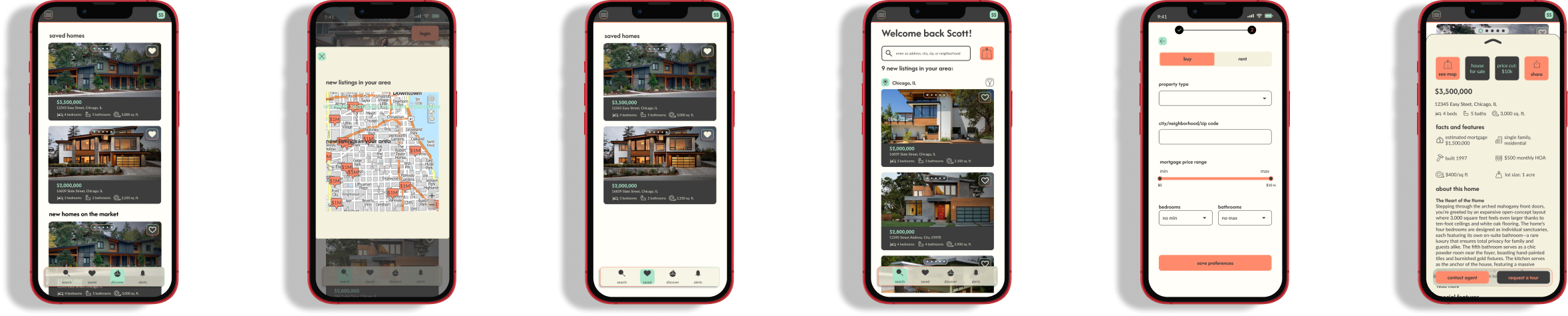 Six smartphone screens displaying a real estate app with listings, maps, filters, and details for homes for sale in Chicago, IL, with prices, photos, and property information.