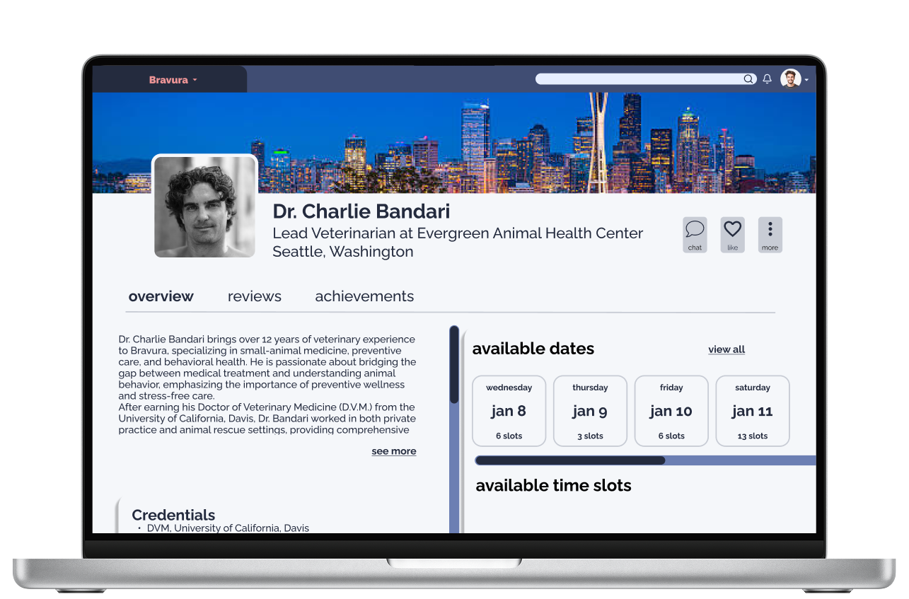 Profile page of Dr. Charlie Bandari, veterinarian at Evergreen Animal Health Center in Seattle, Washington, showing available appointment dates and times in January, with a city skyline background.