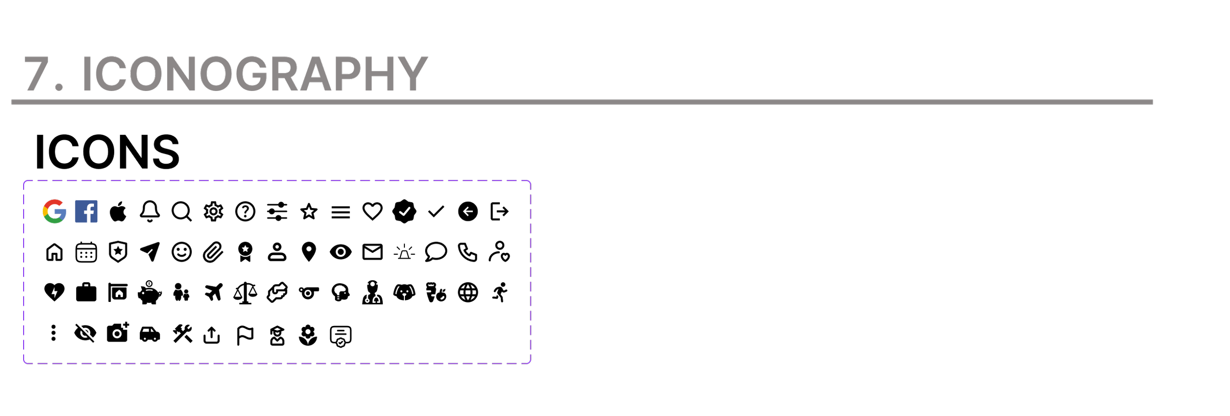 Graphic design with the word 'ICONOGRAPHY' in large letters, social media icons for Google and Facebook, and a purple dashed outline around some black text or shapes.