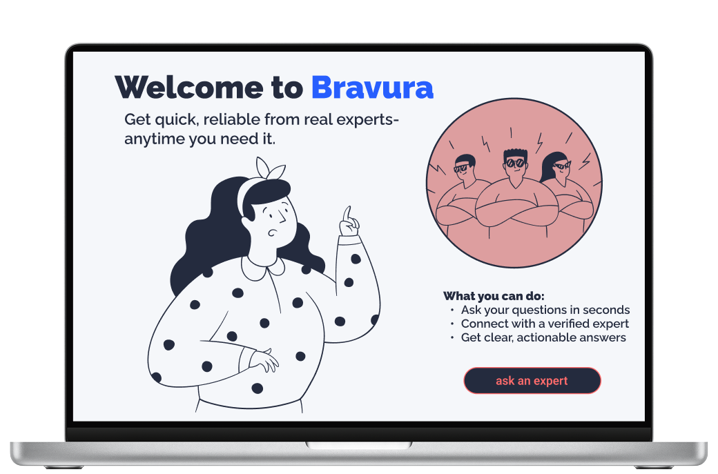 Screenshot of a website called Bravura with a cartoon woman pointing upwards, a circle with three frustrated people, and a red button labeled ask an expert.