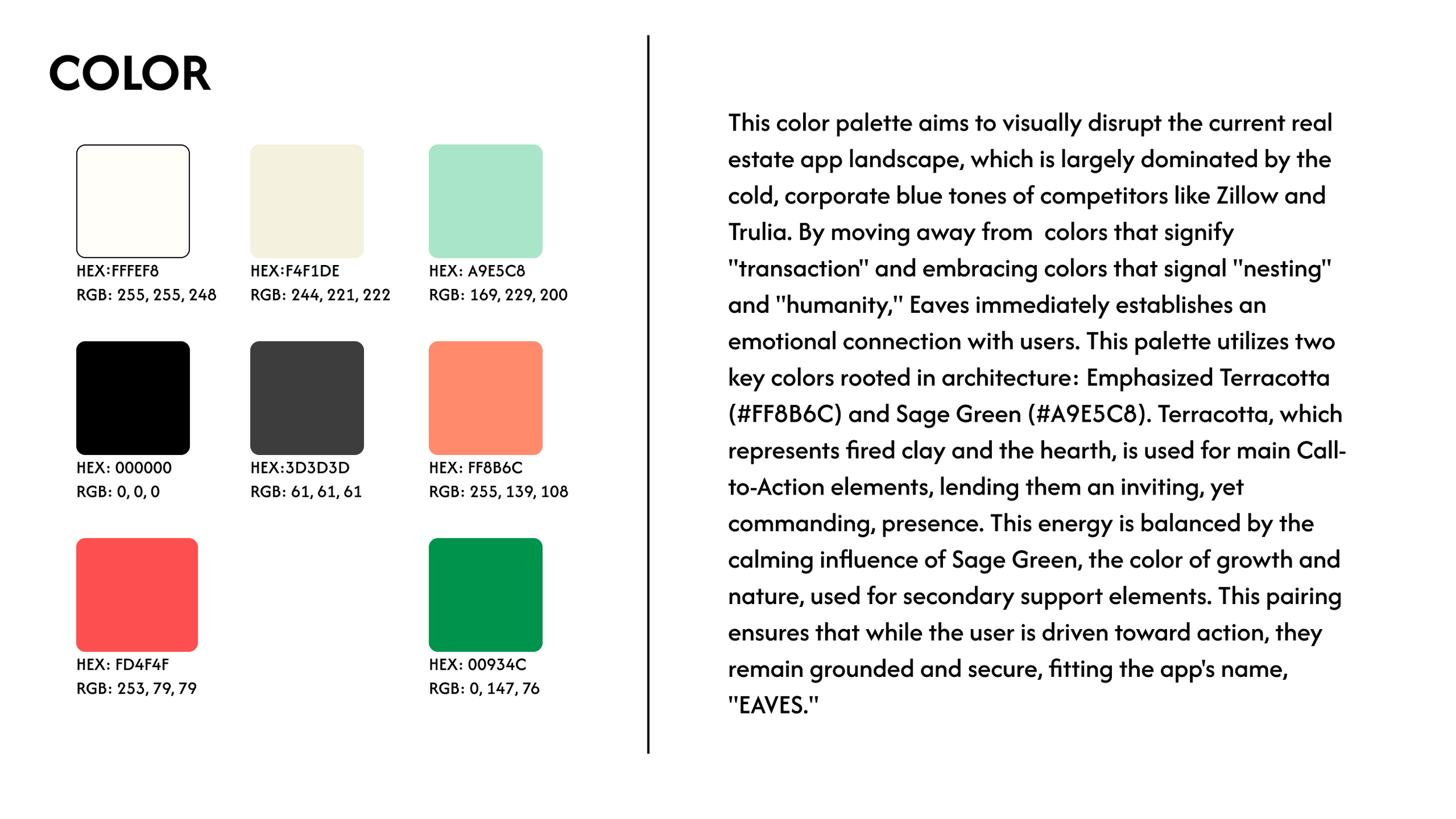 Color palette with seven colors and their hex and RGB codes, alongside a description of the color scheme and its design philosophy.