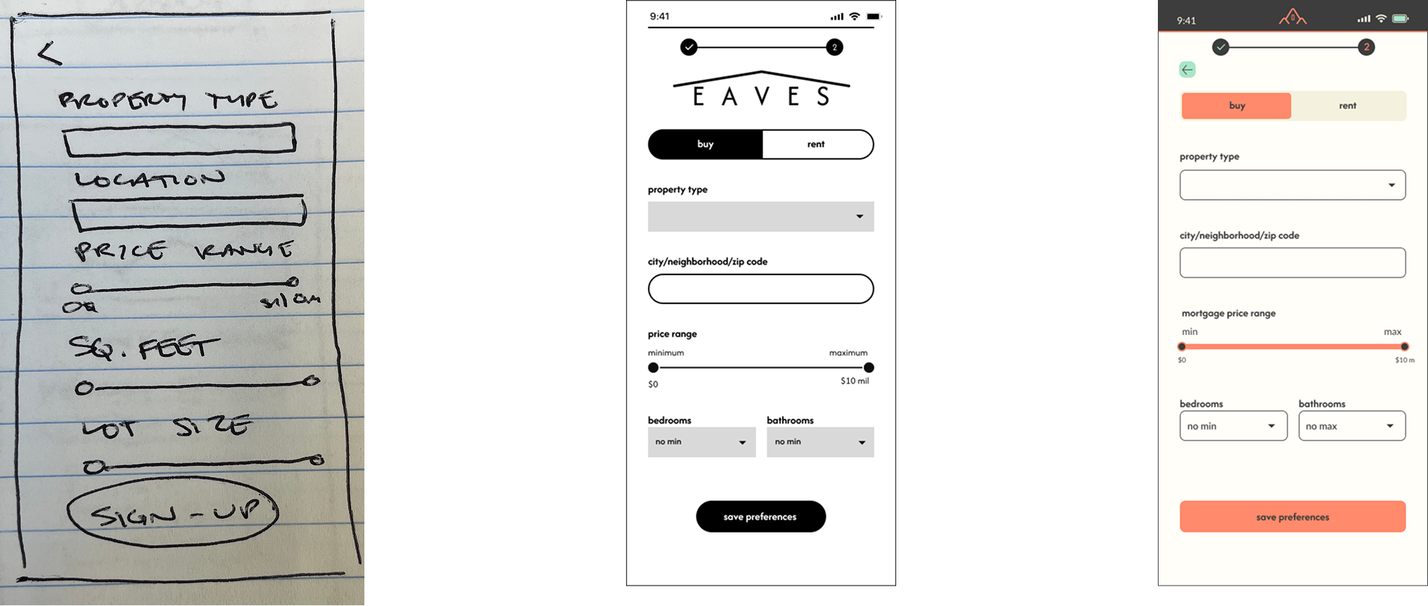 Comparison of four property search interface designs, including a handwritten sketch on lined paper and three digital app mockups with filters for property type, location, price range, and amenities.