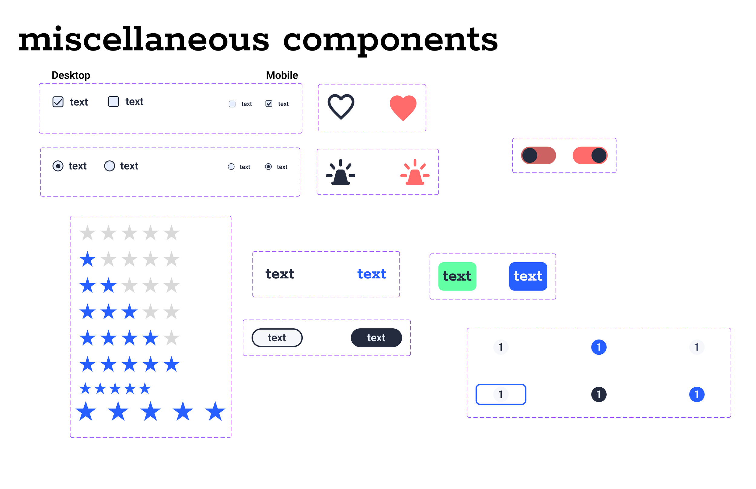 An infographic titled 'miscellaneous components' displaying various UI elements, including checkboxes, radio buttons, icons, star rating systems, color buttons, toggle switches, and numbered badges in different styles for desktop and mobile interfaces.