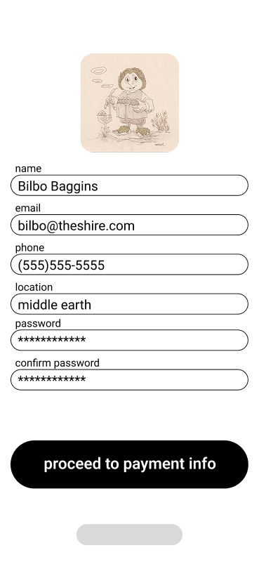 A digital form with fields filled out, including a sketch of a character resembling Bilbo Baggins from Tolkien's works, above the form.