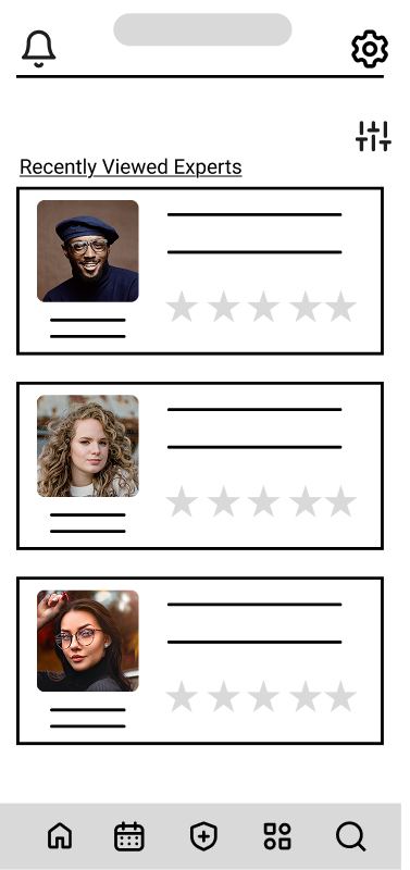 Mobile app screen showing recently viewed experts with profile photos, names, and star ratings, including a man with glasses and a hat, a woman with curly hair, and a woman with glasses.