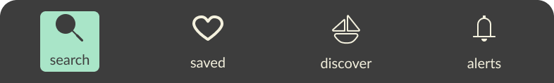 Icons of search, saved, discover, and alerts in app menu bar