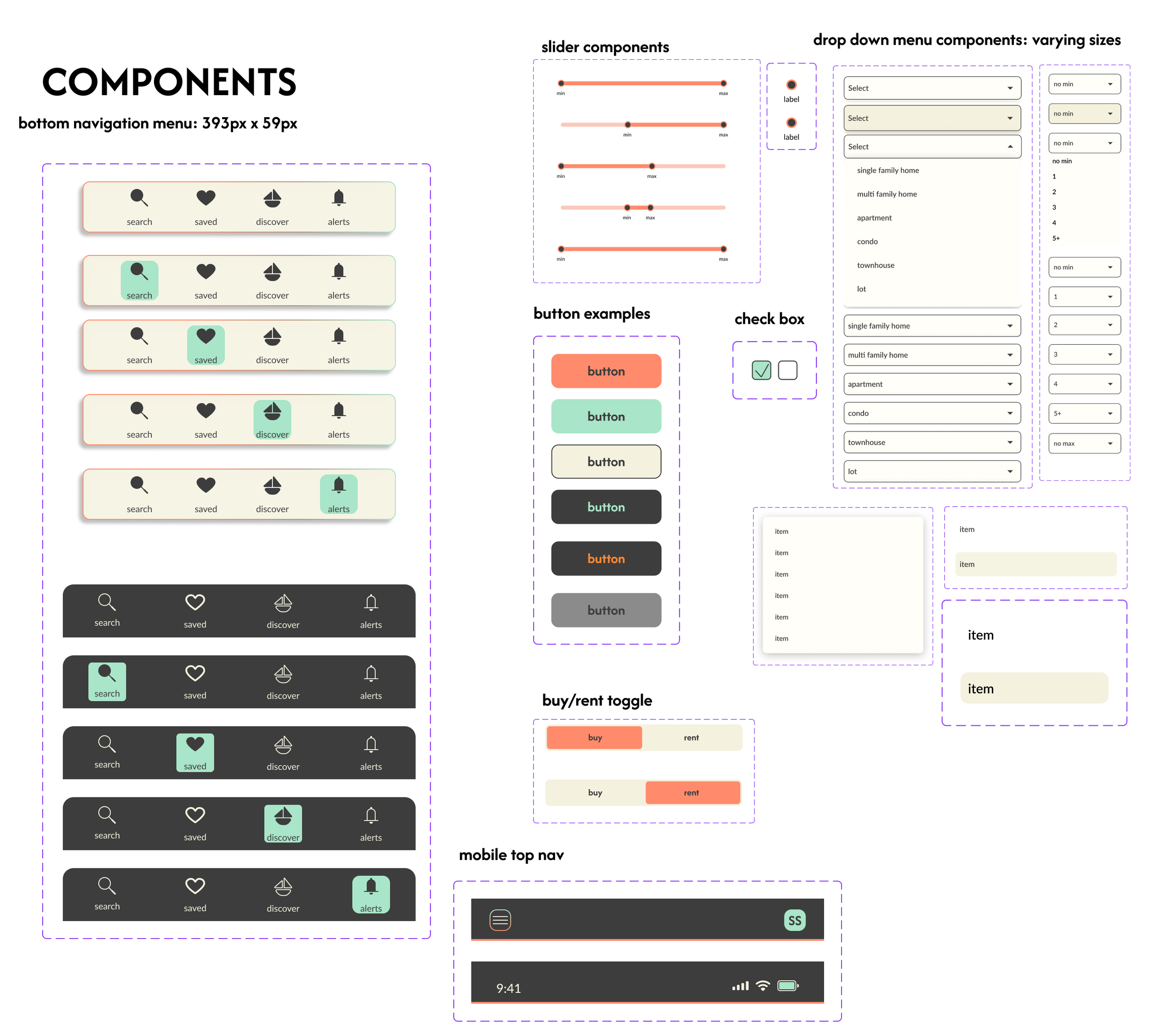 An infographic with various user interface component examples, including sliders, buttons, checkboxes, dropdown menus with size options, toggle switches for buy/rent, mobile navigation bar, and different button styles, all labeled with descriptions.