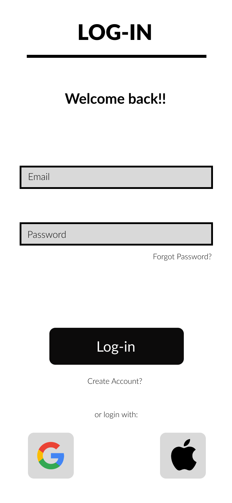 A mobile app login screen with fields for email and password, a 'Log-in' button, options to create an account, and login with Google or Apple.