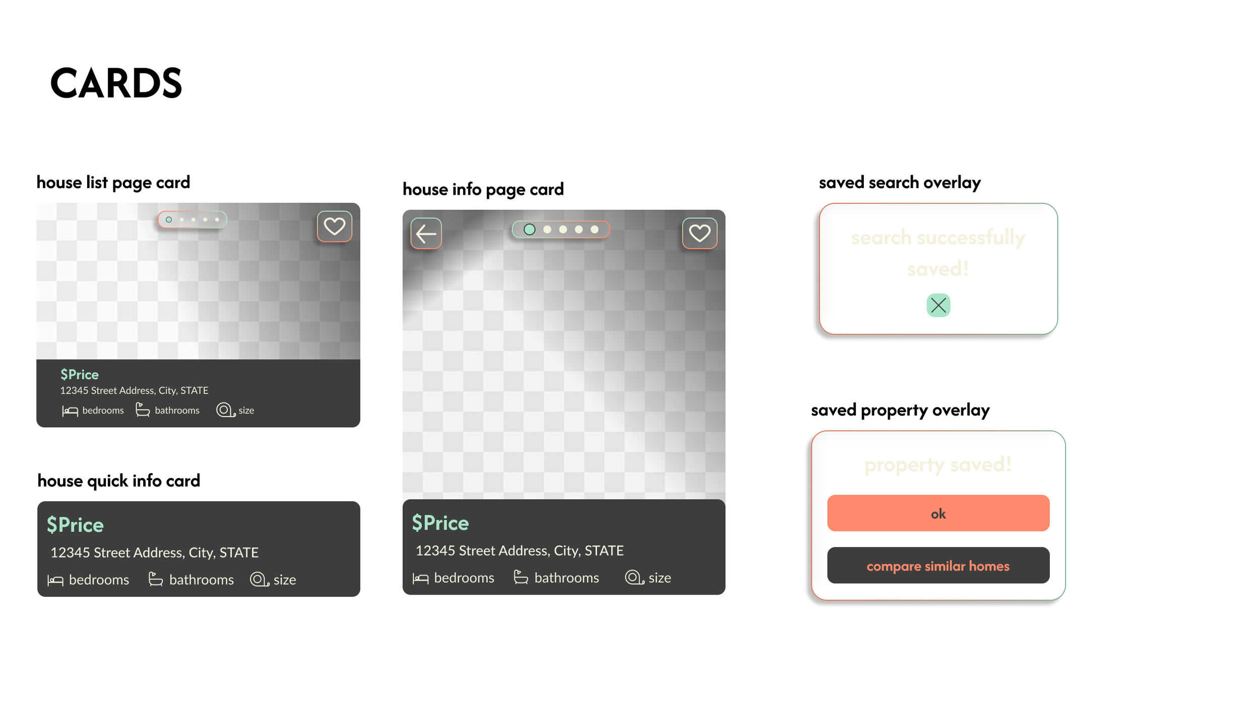A digital interface displaying different types of real estate cards, including house list, info, and quick info, with search overlays and property saved confirmation messages.