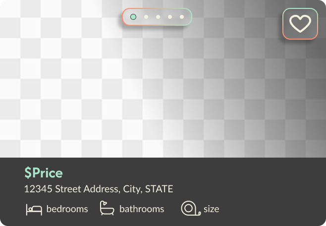 A digital interface displaying icons for price, address, and property details such as bedrooms, bathrooms, and size, with a checkmark icon in the upper right corner.