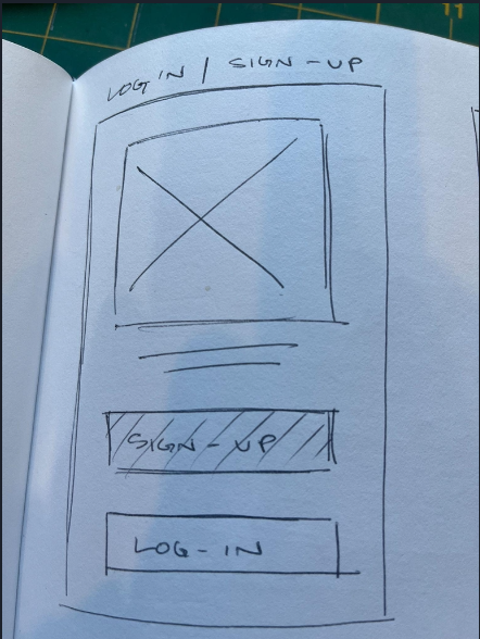Hand-drawn sketch of a mobile app login and sign-up screen, showing placeholders for a logo, sign-up button, and log-in button.