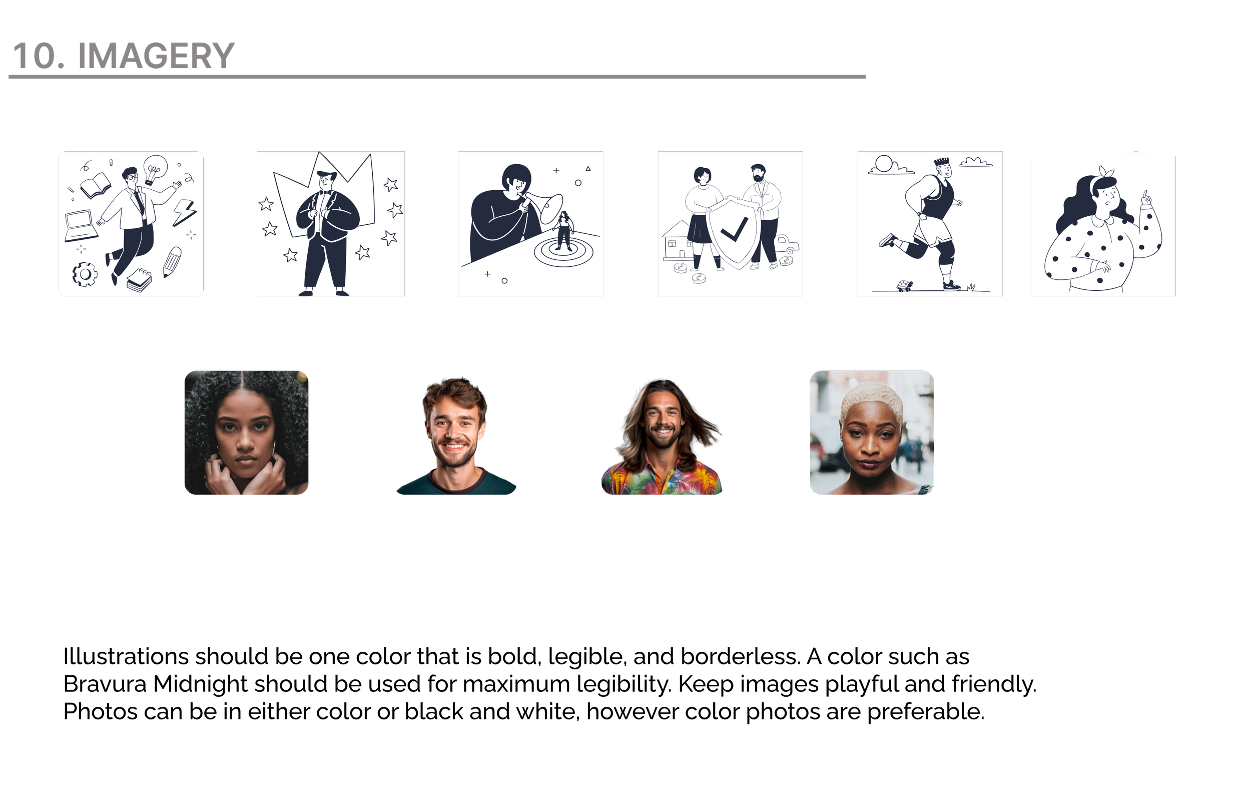 Collection of illustrations and photographs showing diverse people, including a woman with curly hair, a man with a beard, a man with long hair, and a woman with short hair and platinum blonde hair, all smiling and facing the camera.