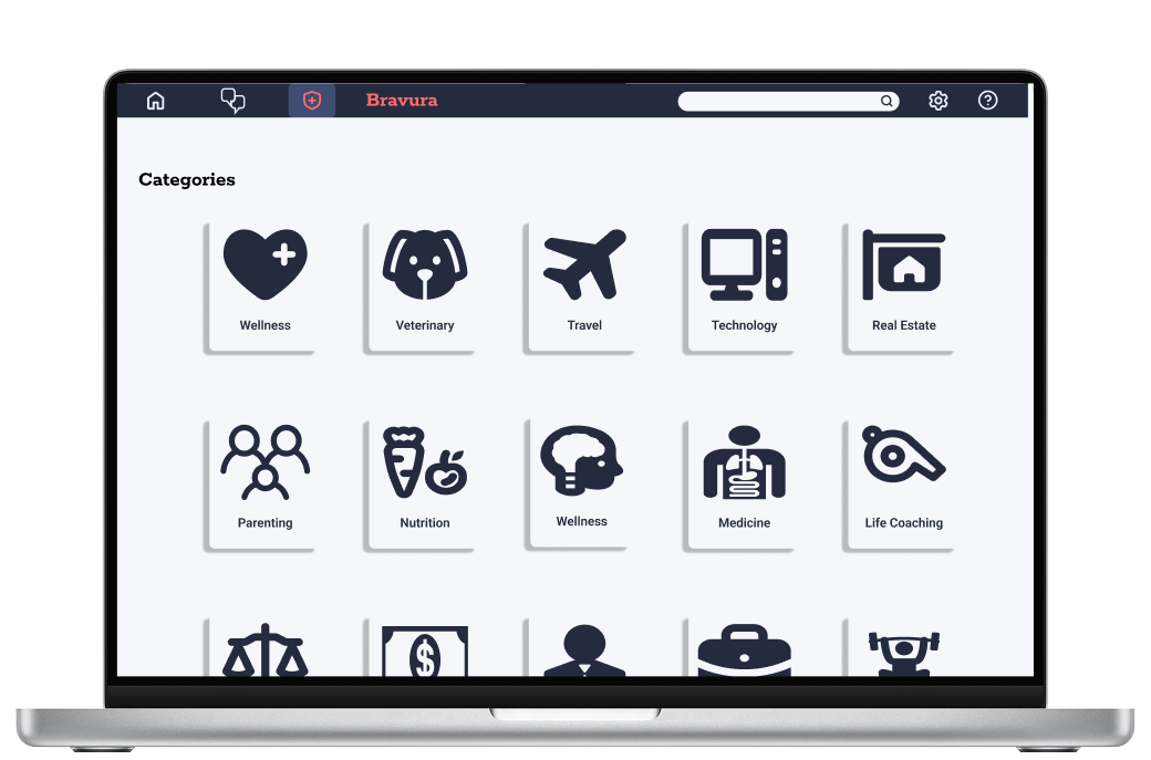 Laptop screen displaying an online platform with categories including Wellness, Veterinary, Travel, Technology, Real Estate, Parenting, Nutrition, Medicine, and Life Coaching.