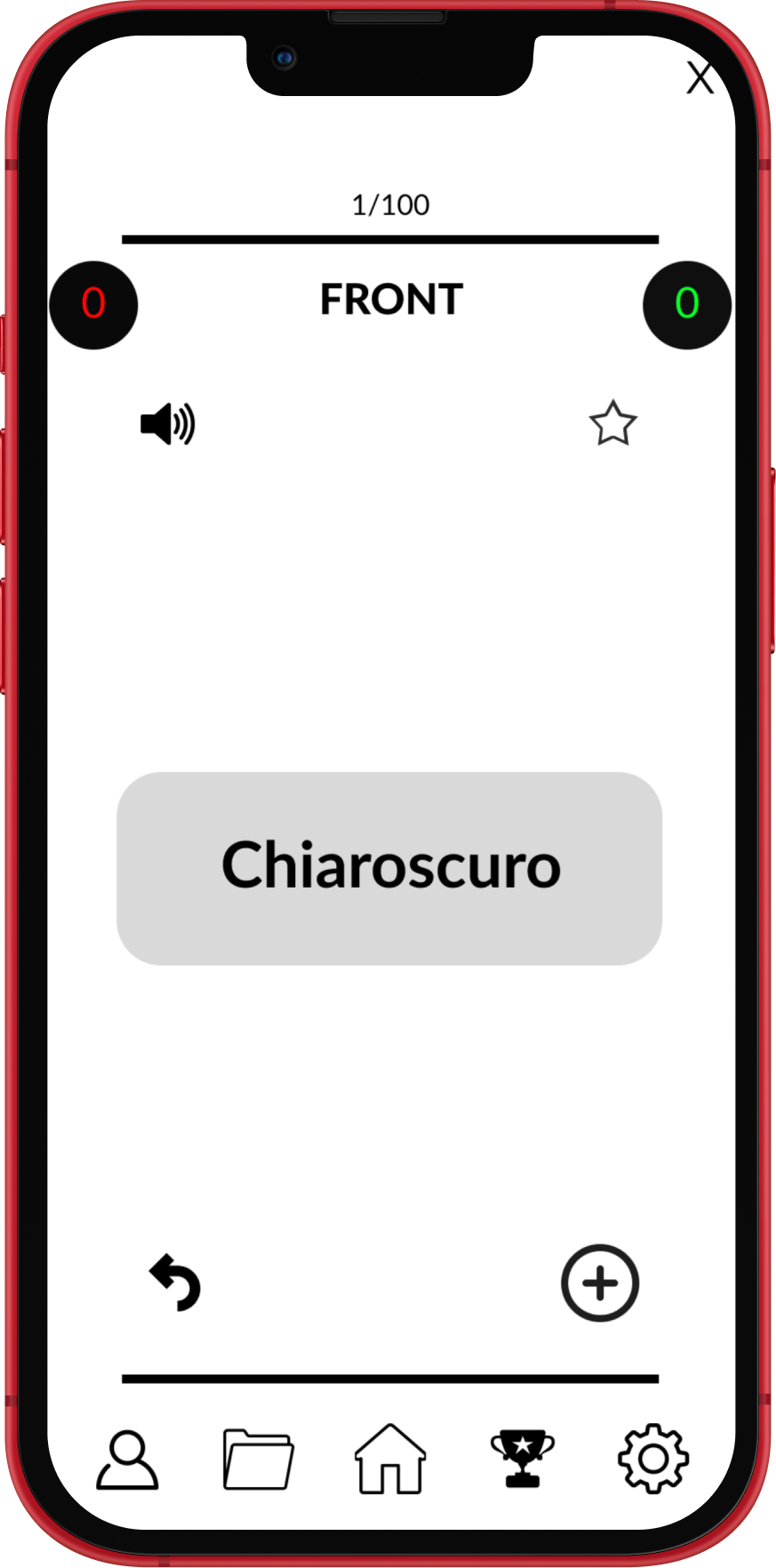 Mobile app screen showing a quiz question about a chariot, with answer options and navigation icons at the bottom.